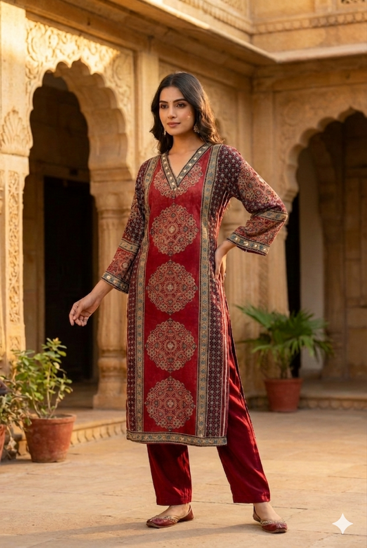 Red Ajrakh Print Kurta Pant set