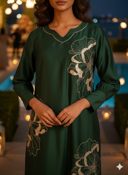 Green Zari Embroidery Asymmetrical Kurta Pant set - Coord Set for Women