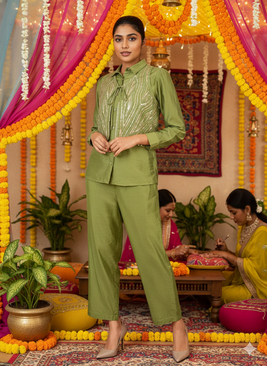 Green Sequin Partywear Waistcoat Co-Ord set