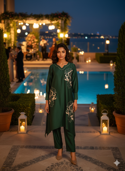 Green Zari Embroidery Asymmetrical Kurta Pant set - Coord Set for Women