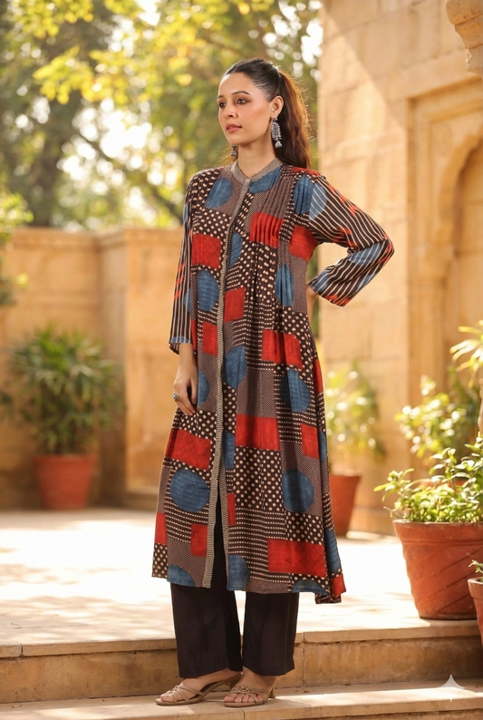 Geometric Printed Pintuck Muslin Kurta Pant Set