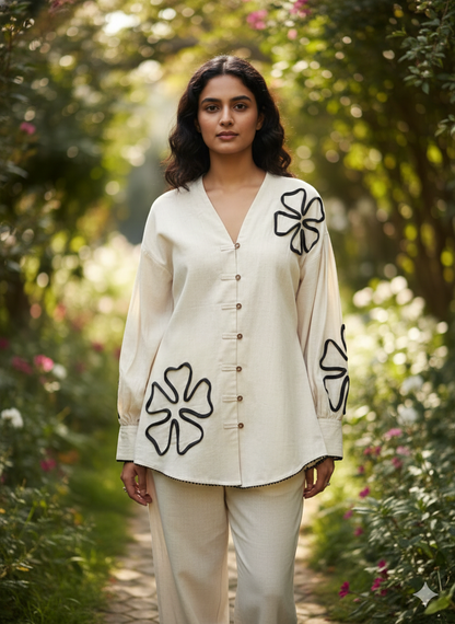 White Applique Work Cotton Flex Co-Ord Set - Coord Set for Women
