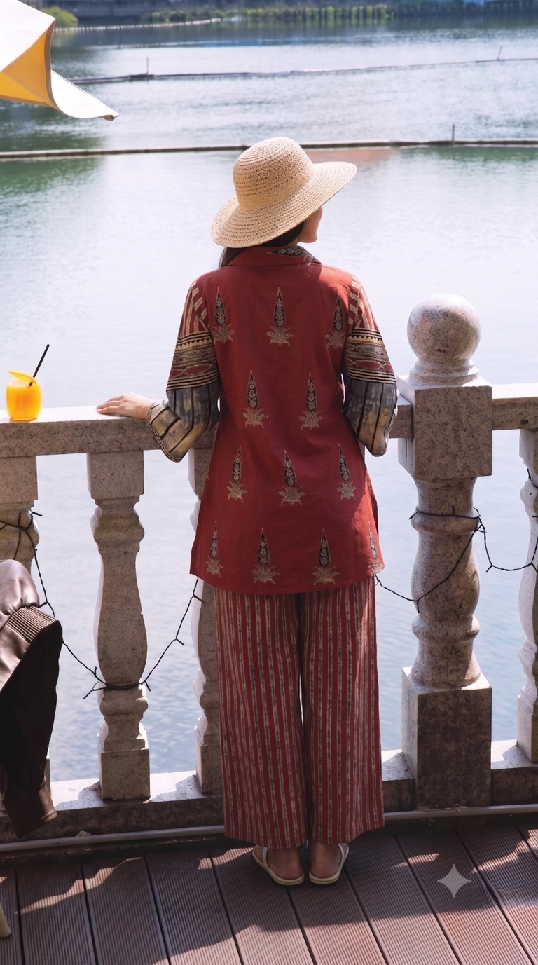 Ajrakh Inspired Ethnic Print Cotton Short Kurti with Striped Pants