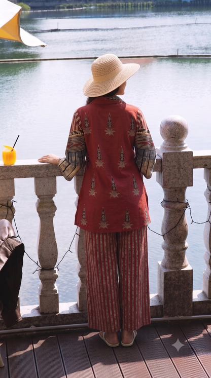 Ajrakh Inspired Ethnic Print Cotton Short Kurti with Striped Pants