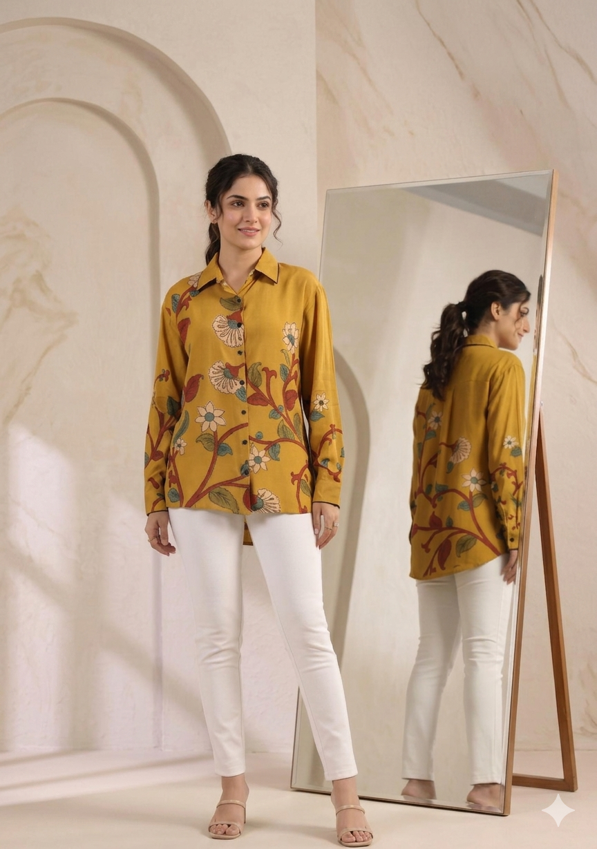 Mustard Kalamkari-Inspired Floral Muslin Shirt