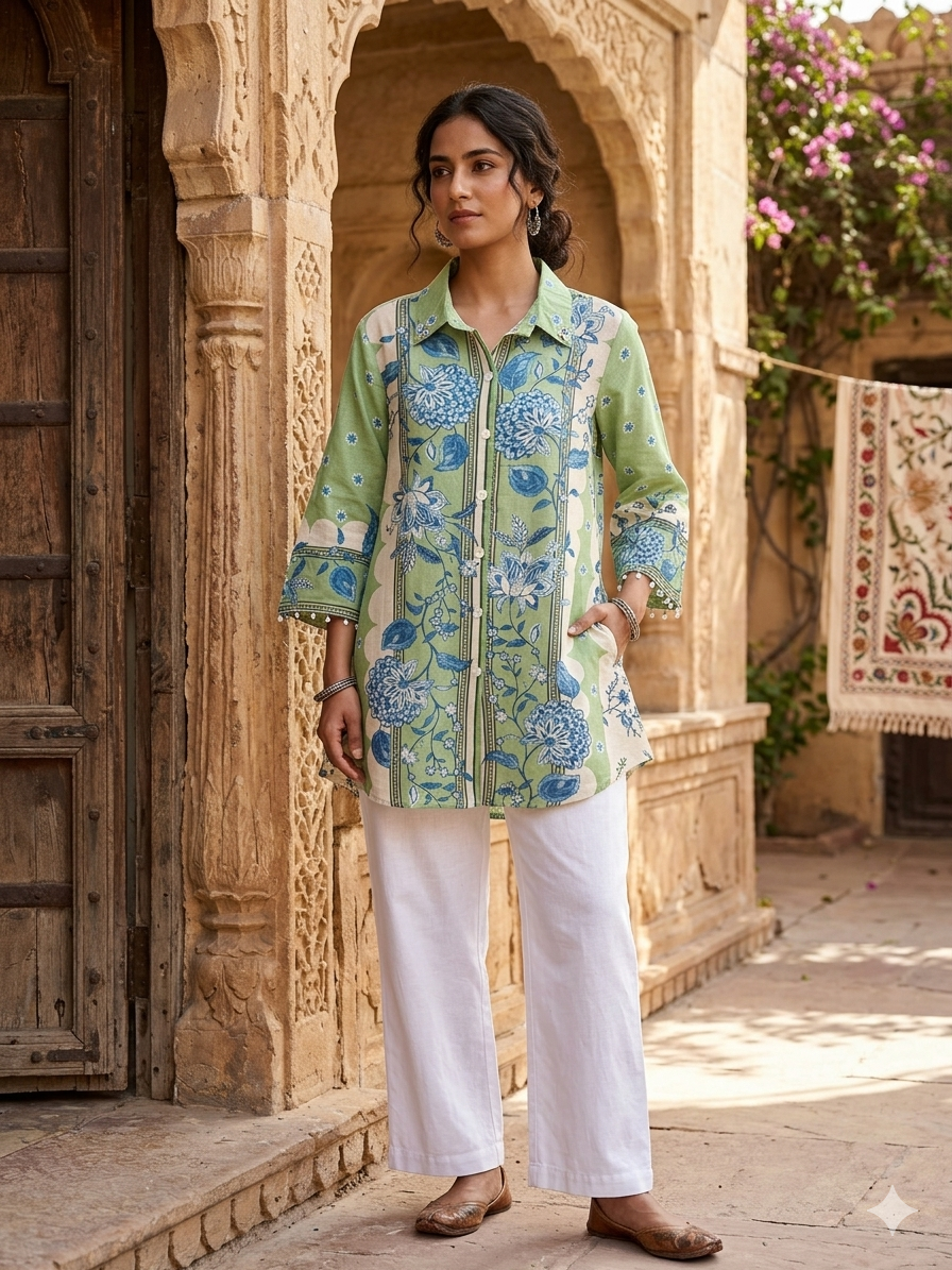 Light Green Floral mul chanderi Shirt