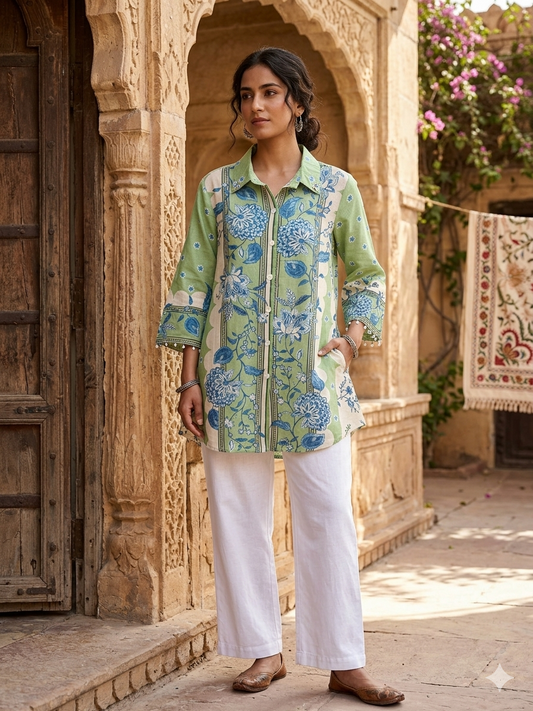 Light Green Floral mul chanderi Shirt