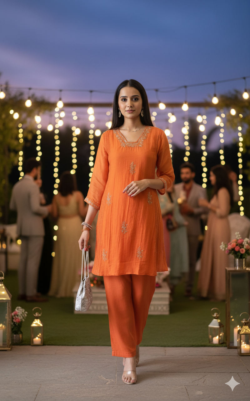 Indowestern Embroidered Mul Chanderi Kurta Set