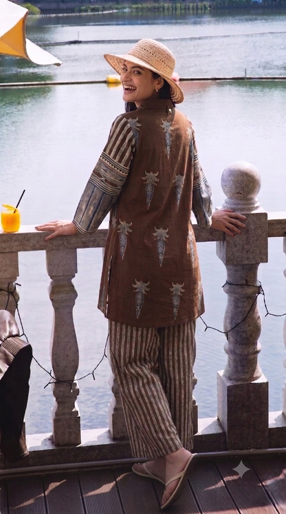 Ajrakh Inspired Ethnic Print Cotton Short Kurti with Striped Pants