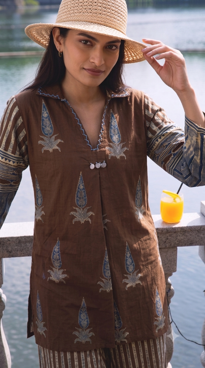 Ajrakh Inspired Ethnic Print Cotton Short Kurti with Striped Pants