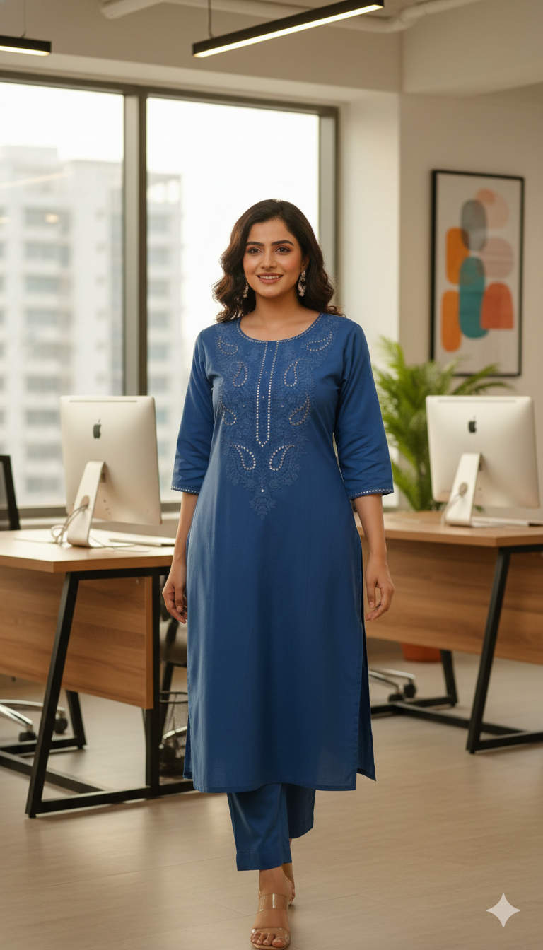 Blue Embroidered Office Wear Kurta Pant Set for Women