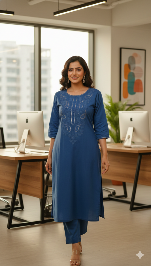 Blue Embroidered Office Wear Kurta Pant Set for Women