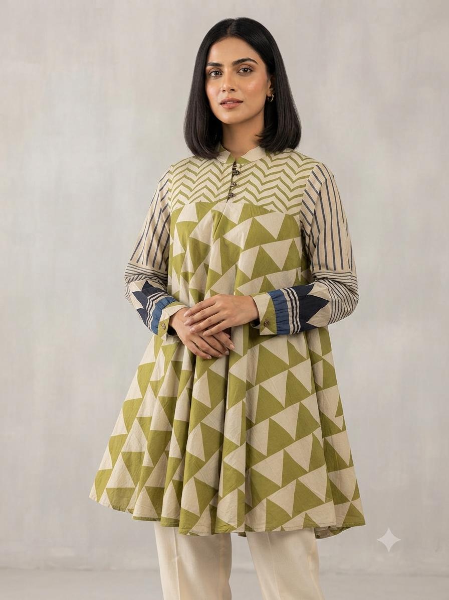 Green Mul Chanderi Short Kurti for Women