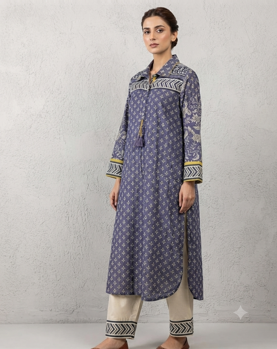 Blue Grey Mul Chanderi Kurti Pant set
