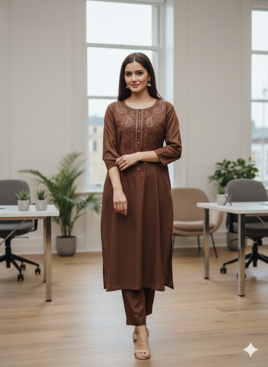 Brown Embroidered Cotton Kurta Pant Set for Women - Kurti Pant Set