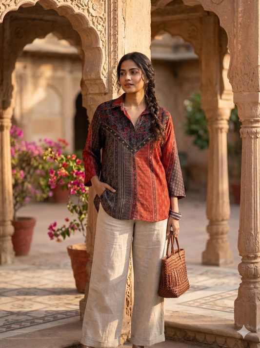 Designer Red and Black Ajrakh Top