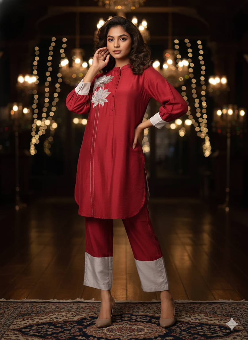 Maroon and Gray Floral Patch Work Festive Co-Ord set