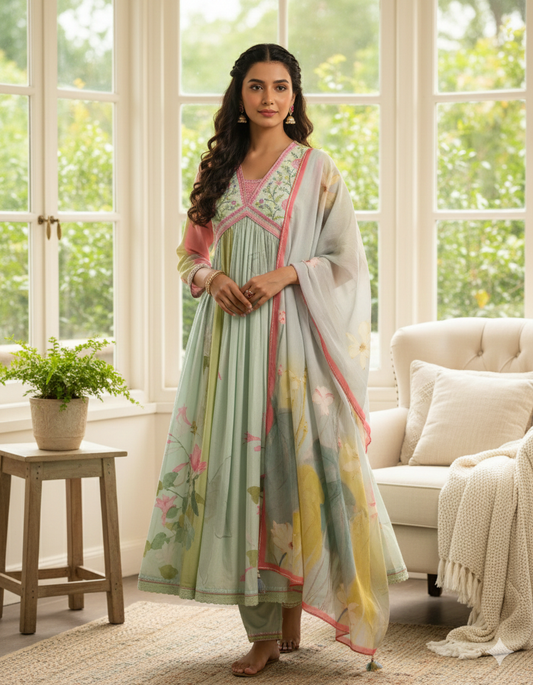 Floral printed mul cotton embroidered Salwar suit for women