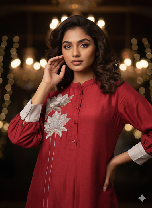 Maroon and Gray Floral Patch Work Festive Co-Ord set