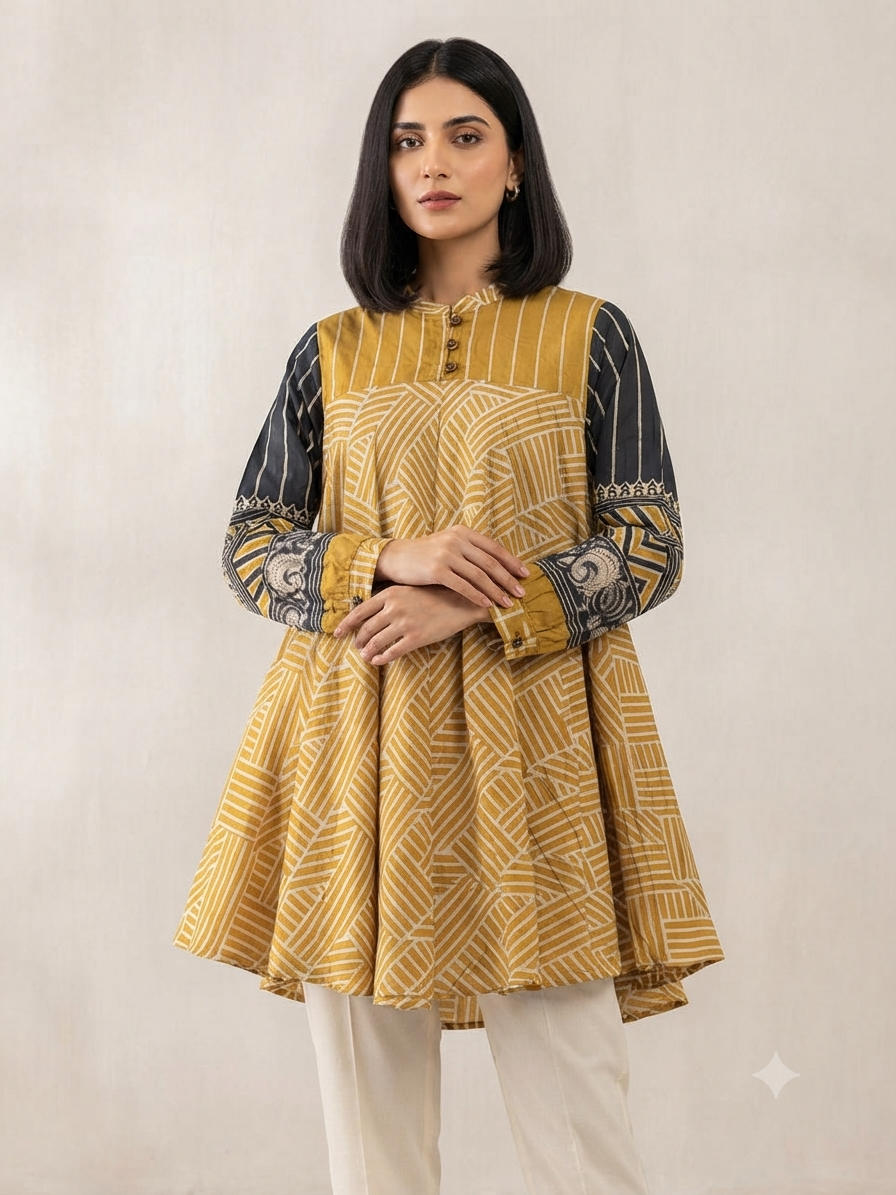 Yellow & Blue Stripe and Geometric Mul Chanderi Short Kurti for Women