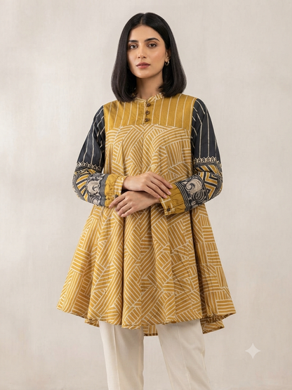 Yellow & Blue Stripe and Geometric Mul Chanderi Short Kurti for Women