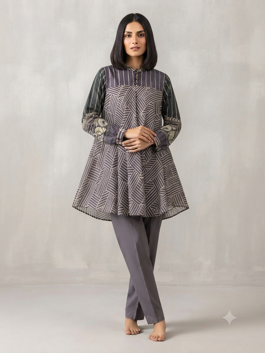 Purple & Black Stripe and Geometric Mul Chanderi Short Kurti for Women