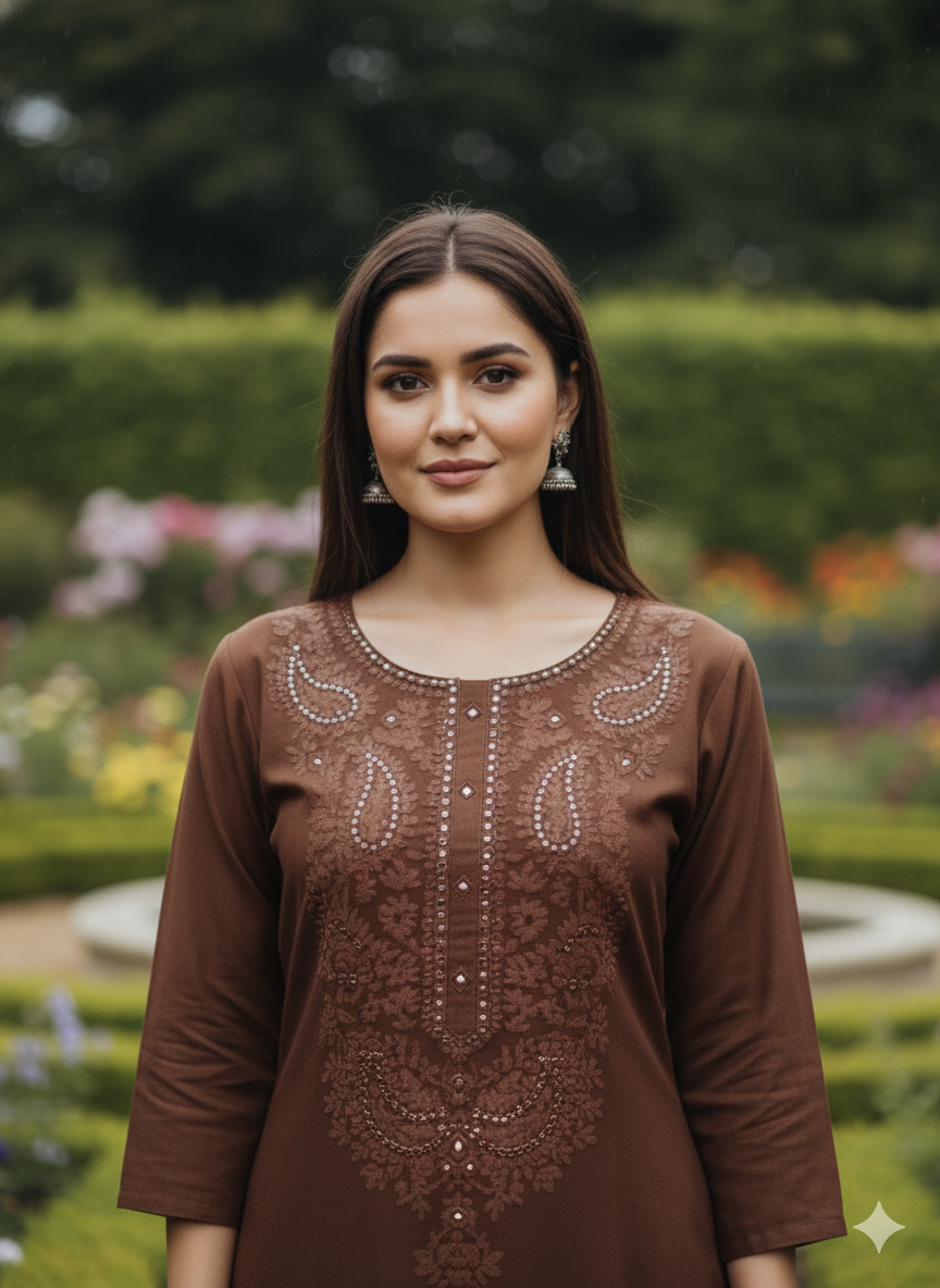 Brown Embroidered Cotton Kurta Pant Set for Women