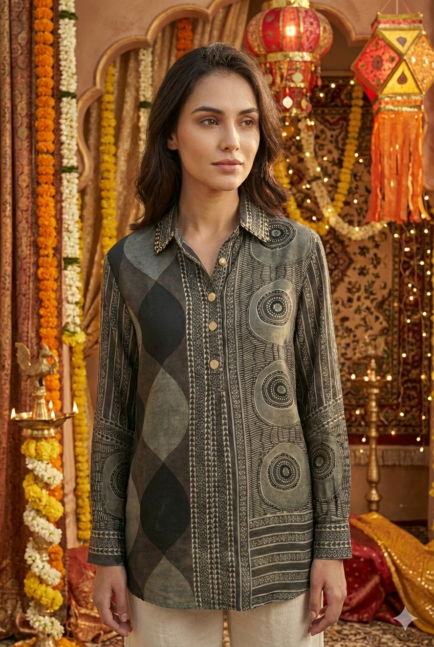 Grey Ajrakh Printed Indo-Western Crepe Shirt Top