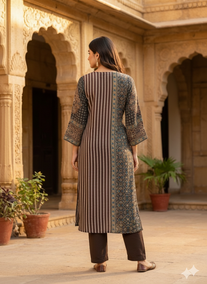 Deep Brown Ajrakh Print Kurta Pant set