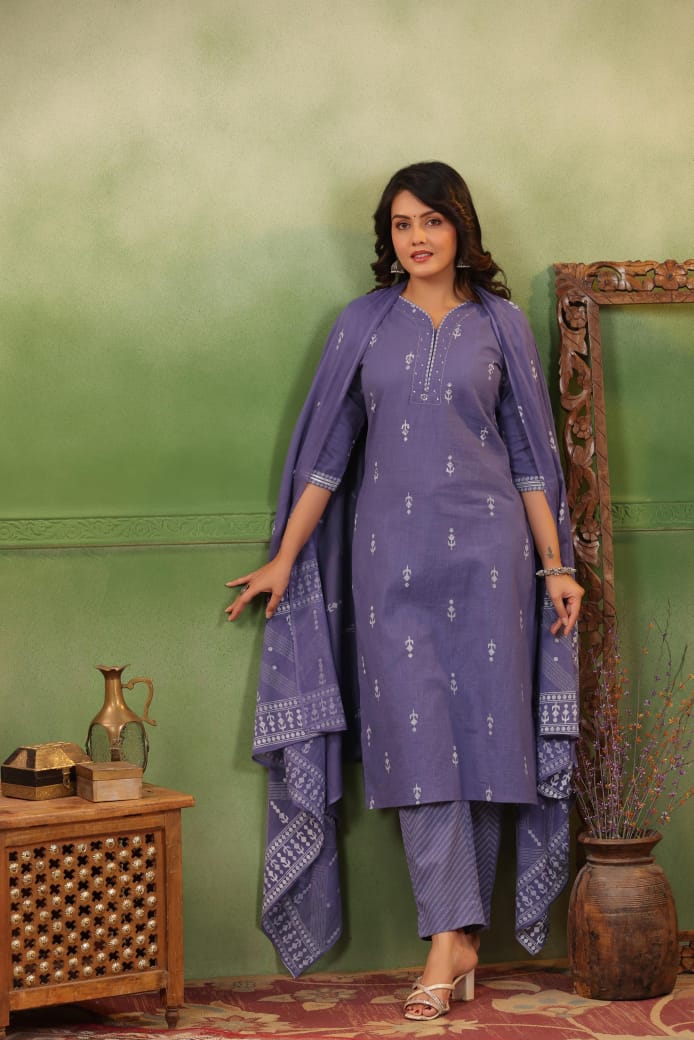 Grey suit set Linen cotton - Suit Set Kurti Pant Dupatta Set