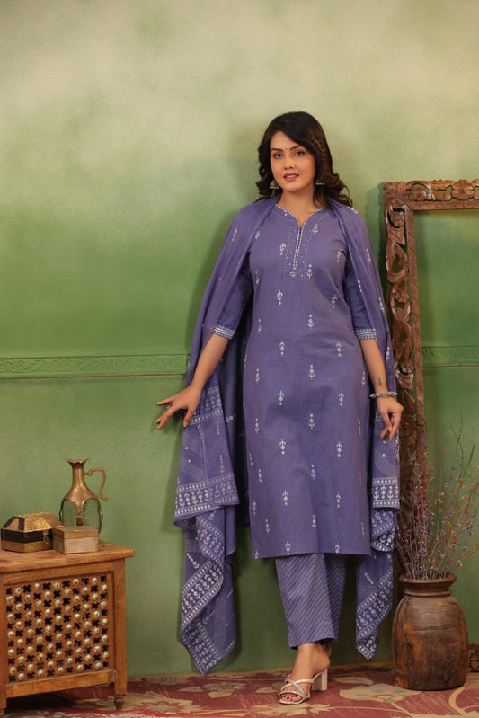 Grey suit set Linen cotton - Suit Set Kurti Pant Dupatta Set