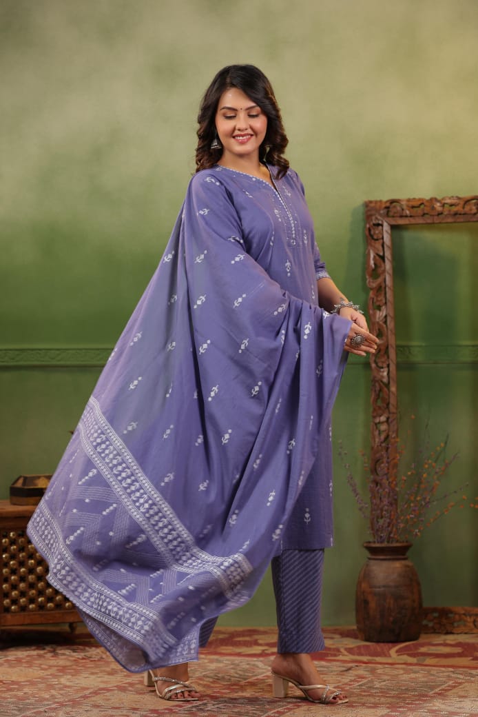 Grey suit set Linen cotton - Suit Set Kurti Pant Dupatta Set