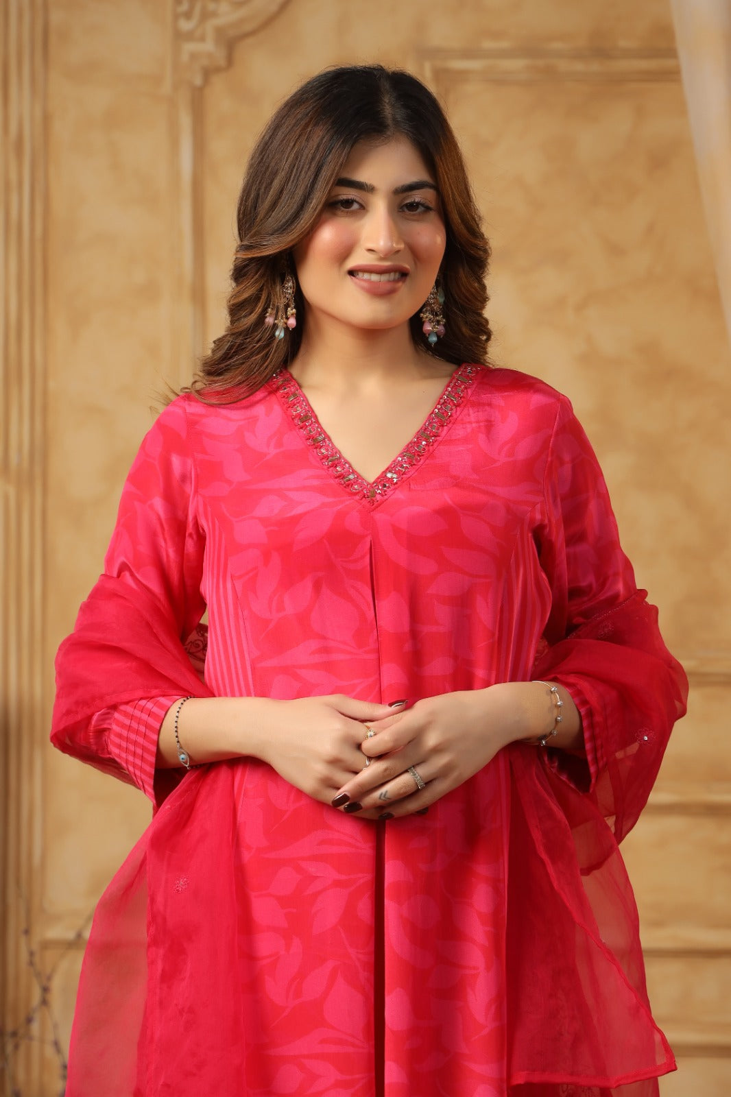 Pink Party wear Suit set - Suit Set Kurti Pant Dupatta Set