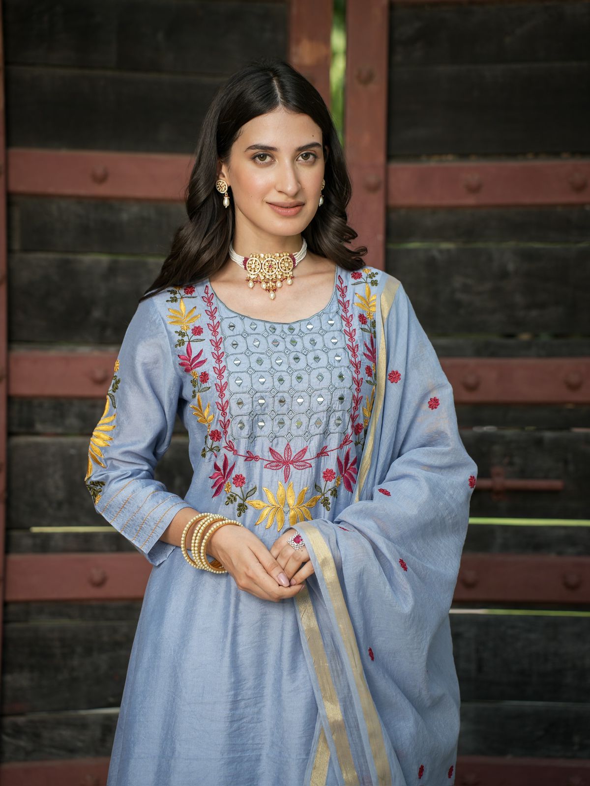 Mul Chanderi Embroidered Kurta Pant Dupatta set - Suit Set Kurti Pant Dupatta Set