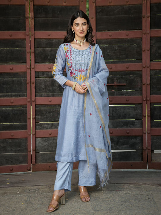 Mul Chanderi Embroidered Kurta Pant Dupatta set - Suit Set Kurti Pant Dupatta Set