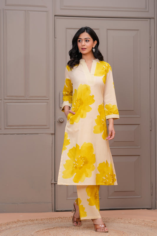 Yellow Floral Print Kurti pant set for women