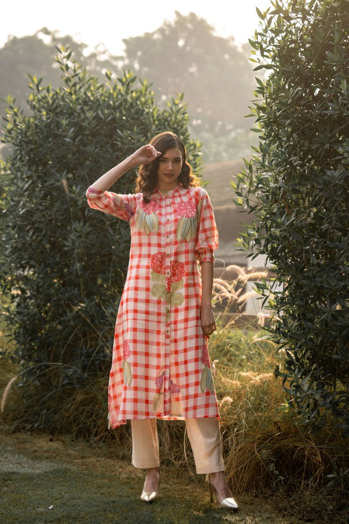 Red and White Kurti Pant checkered floral set for women| Casual and Occasion Wear