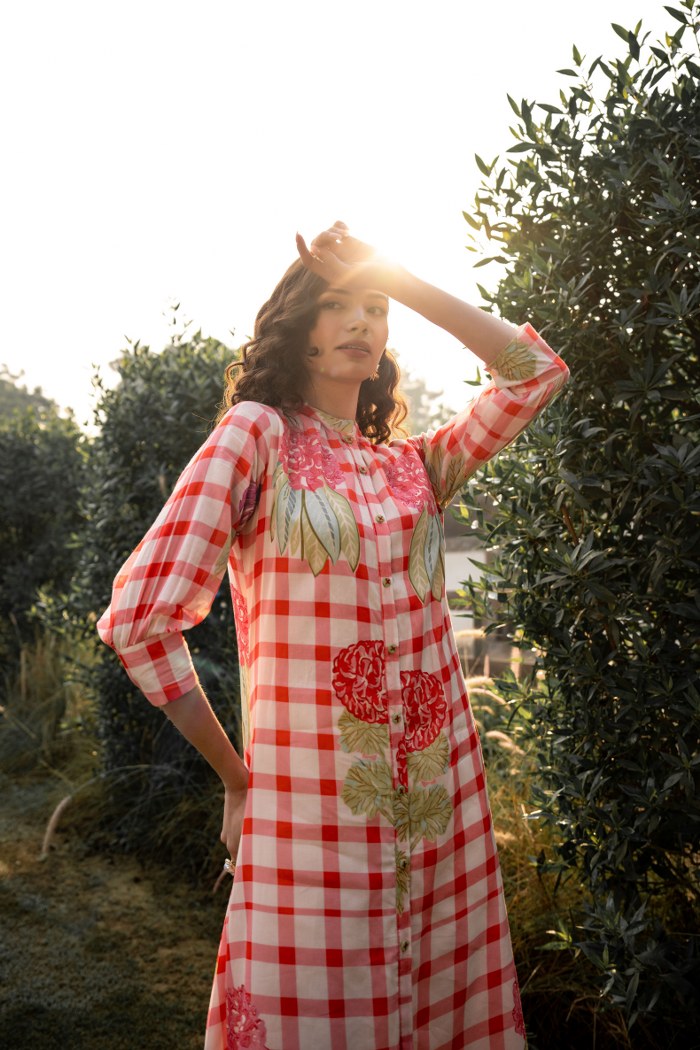 Red and White Kurti Pant checkered floral set for women| Casual and Occasion Wear