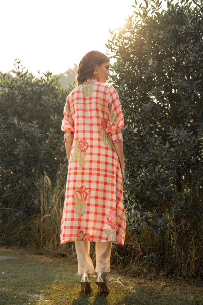 Red and White Kurti Pant checkered floral set for women| Casual and Occasion Wear
