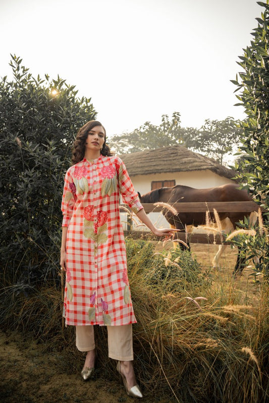 Red and White Kurti Pant checkered floral set for women| Casual and Occasion Wear