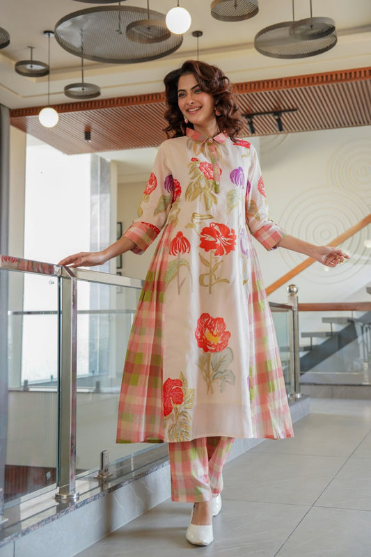 Women Floral Printed Cotton A-Line Kurti Pant set| Checkered & floral design Collar Neck| Daily And Occasion Wear