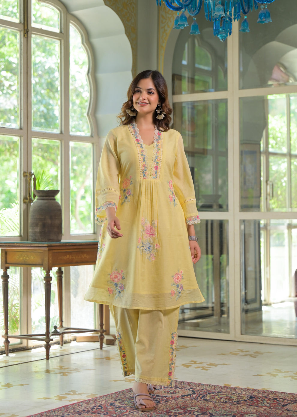 Mustard Yellow Cotton Kurti with Pant Set for Women