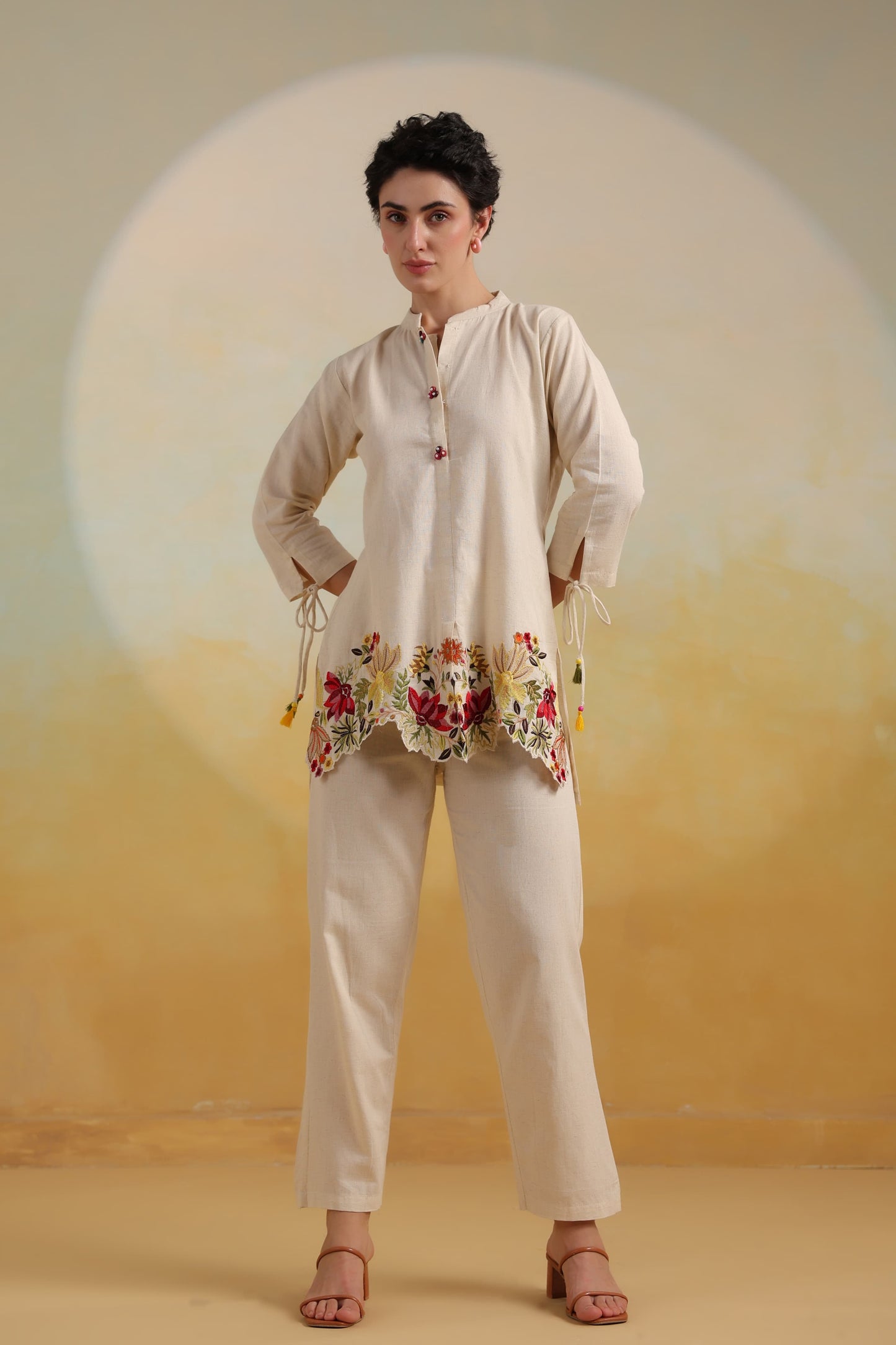 Floral Embroidered Beige Co-ord set