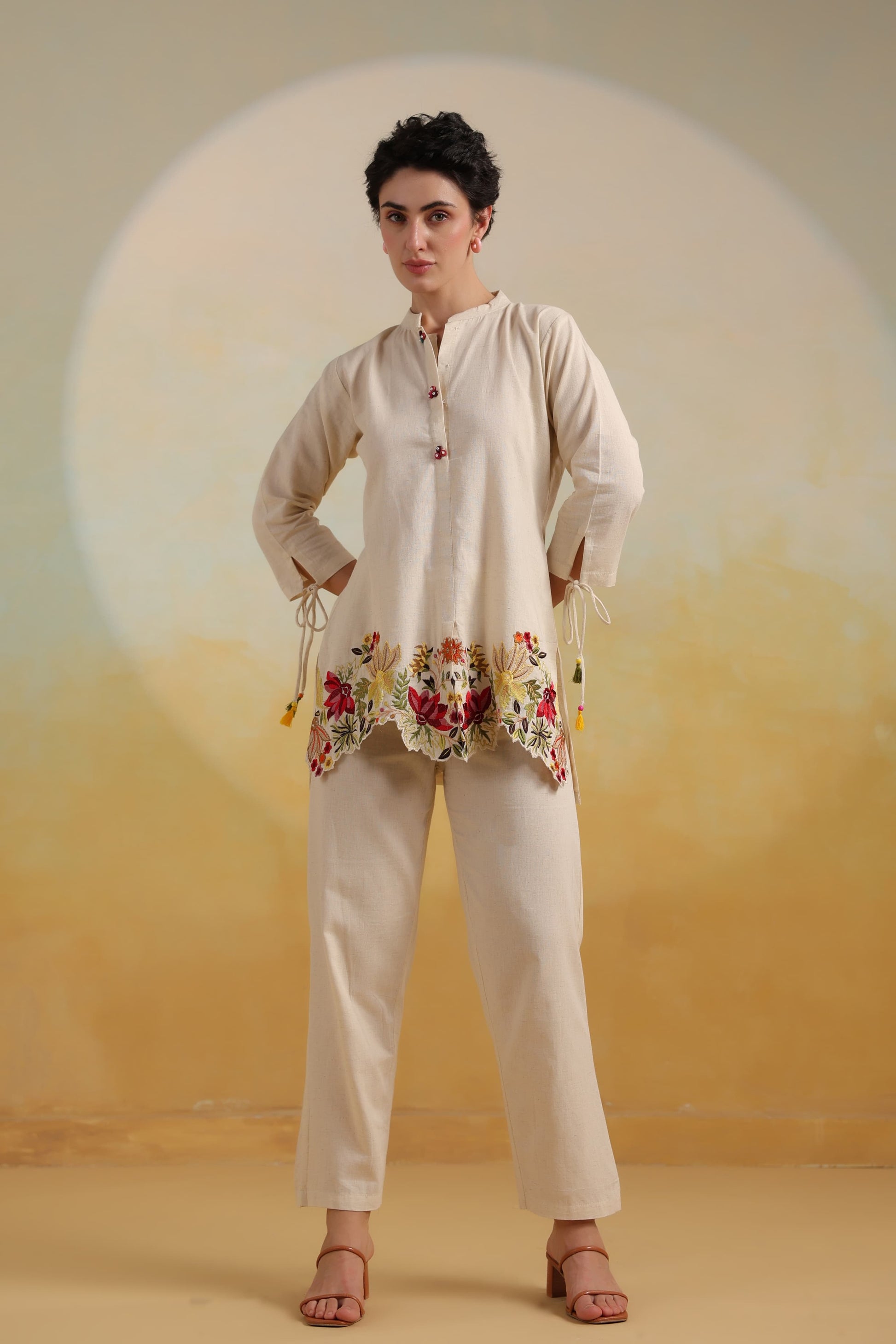 Floral Embroidered Beige Co-ord set