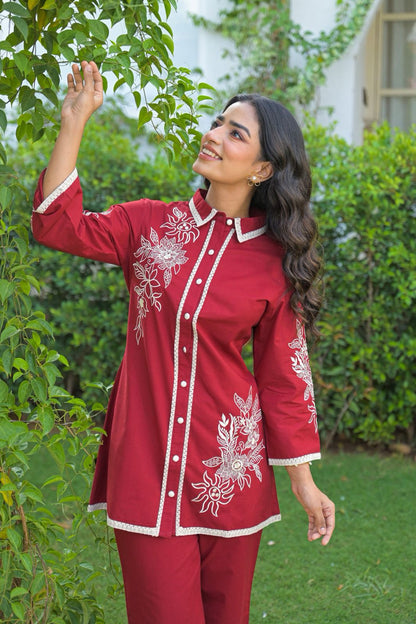 Collared embroidered Co-ord set with two colour options Red and Blue