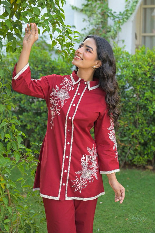 Collared embroidered Co-ord set with two colour options Red and Blue