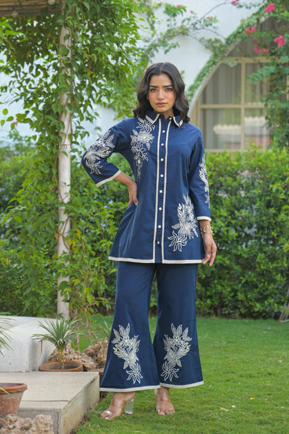 Collared embroidered Co-ord set with two colour options Red and Blue