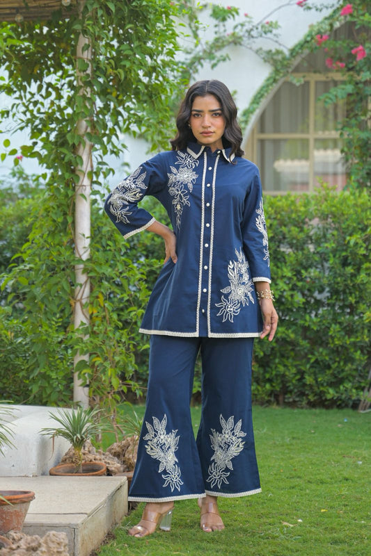 Collared embroidered Co-ord set with two colour options Red and Blue