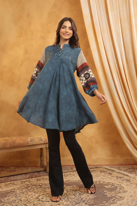 Blue Stripe Muslin Flared Kurti with Printed Sleeves for Women
