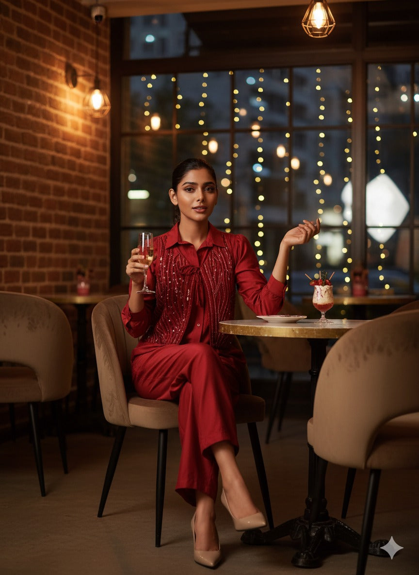 Maroon Sequin Partywear Waistcoat Co-Ord set